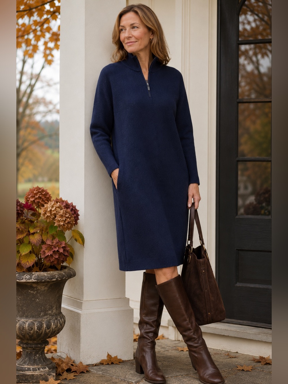 Club Monaco Navy Wool Blend Dolman Sleeve Half Zip Sweater Dress M